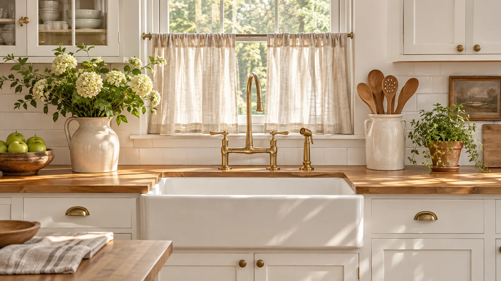 White fireclay apron-front farmhouse sink in a white shaker kitchen with a brass bridge faucet under a window