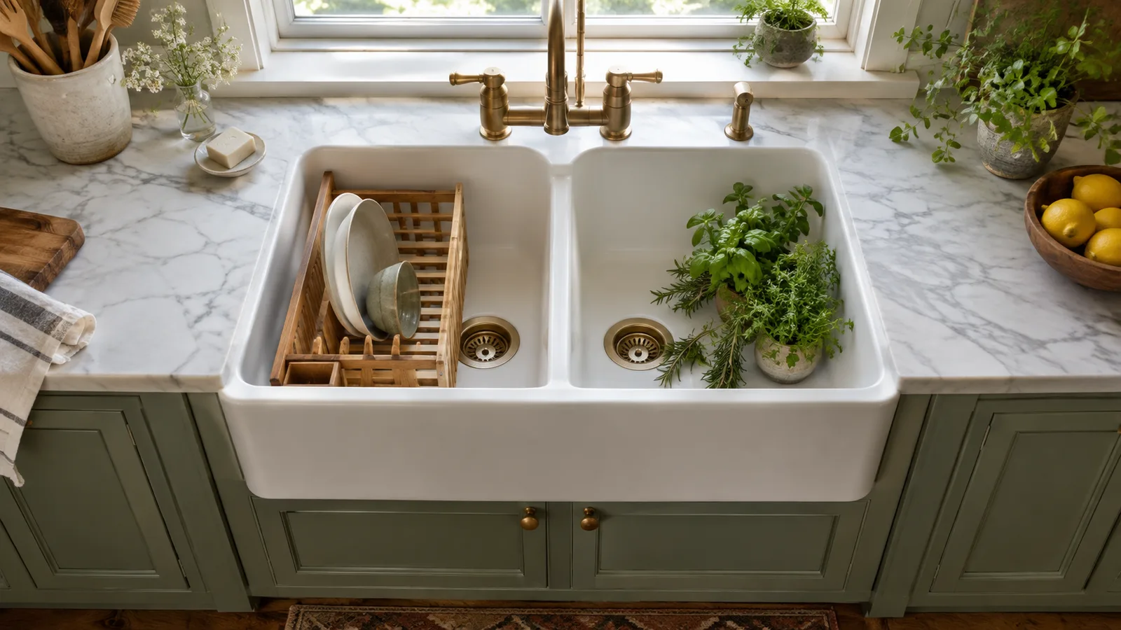 White double-bowl farmhouse sink with a low divider, a wooden dish rack and fresh herbs