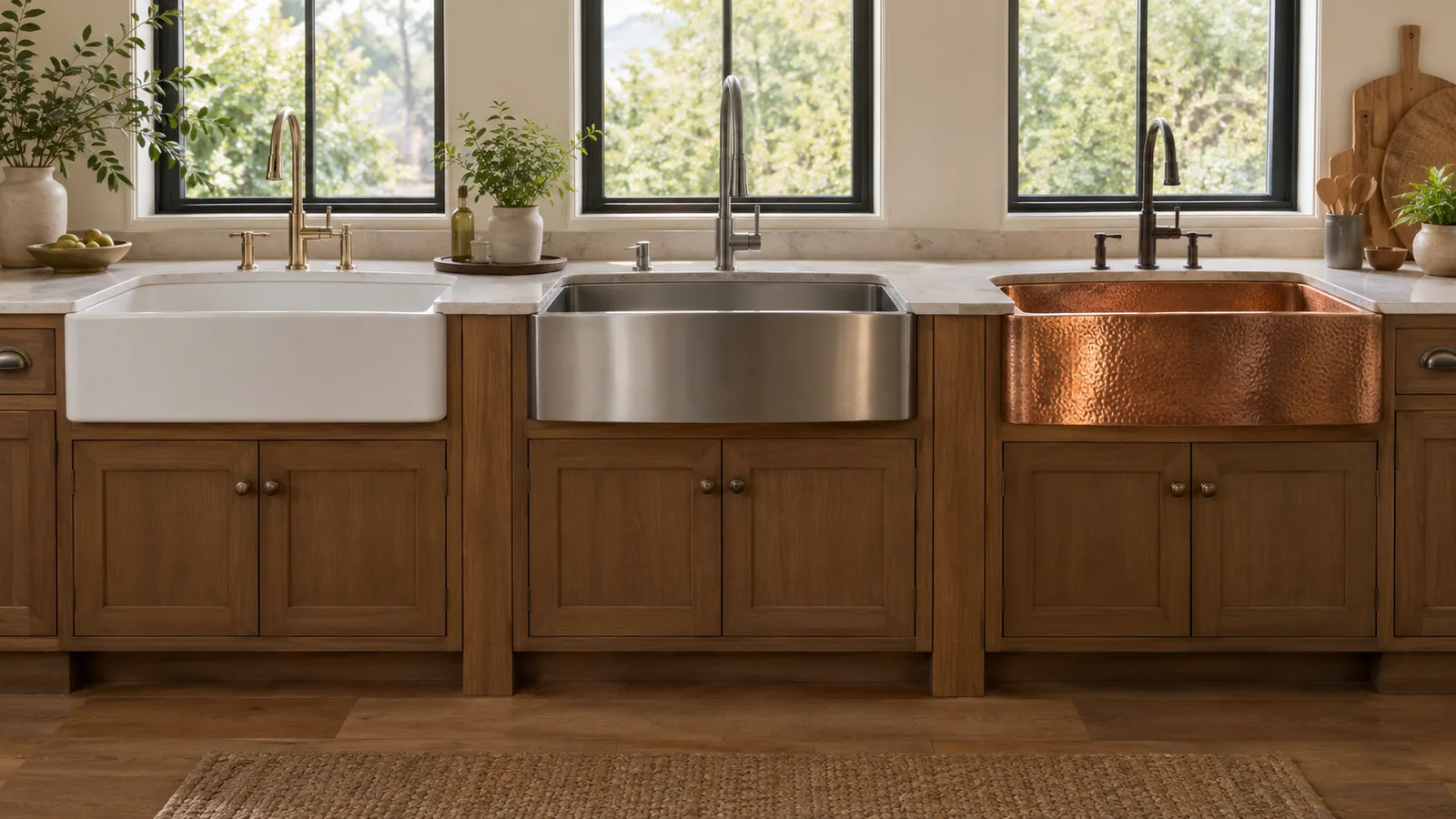 Fireclay, stainless steel and hammered copper apron-front sinks shown side by side in wood base cabinets