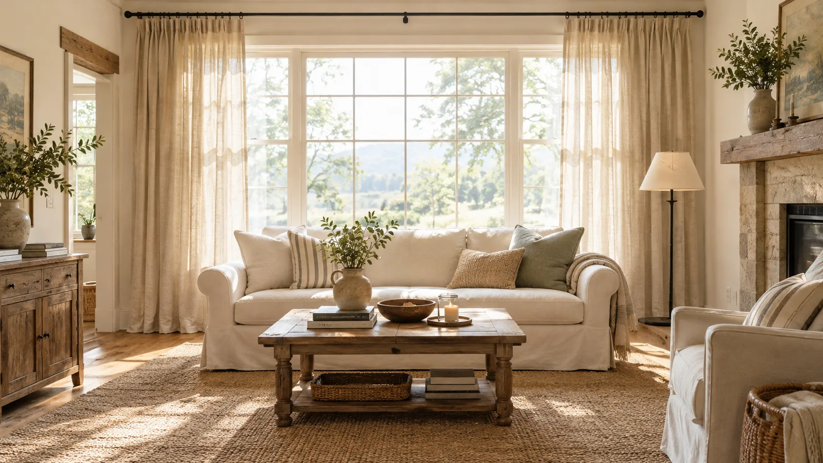 Farmhouse living room with floor-length natural linen curtains on a black iron rod hung high and wide around a large window