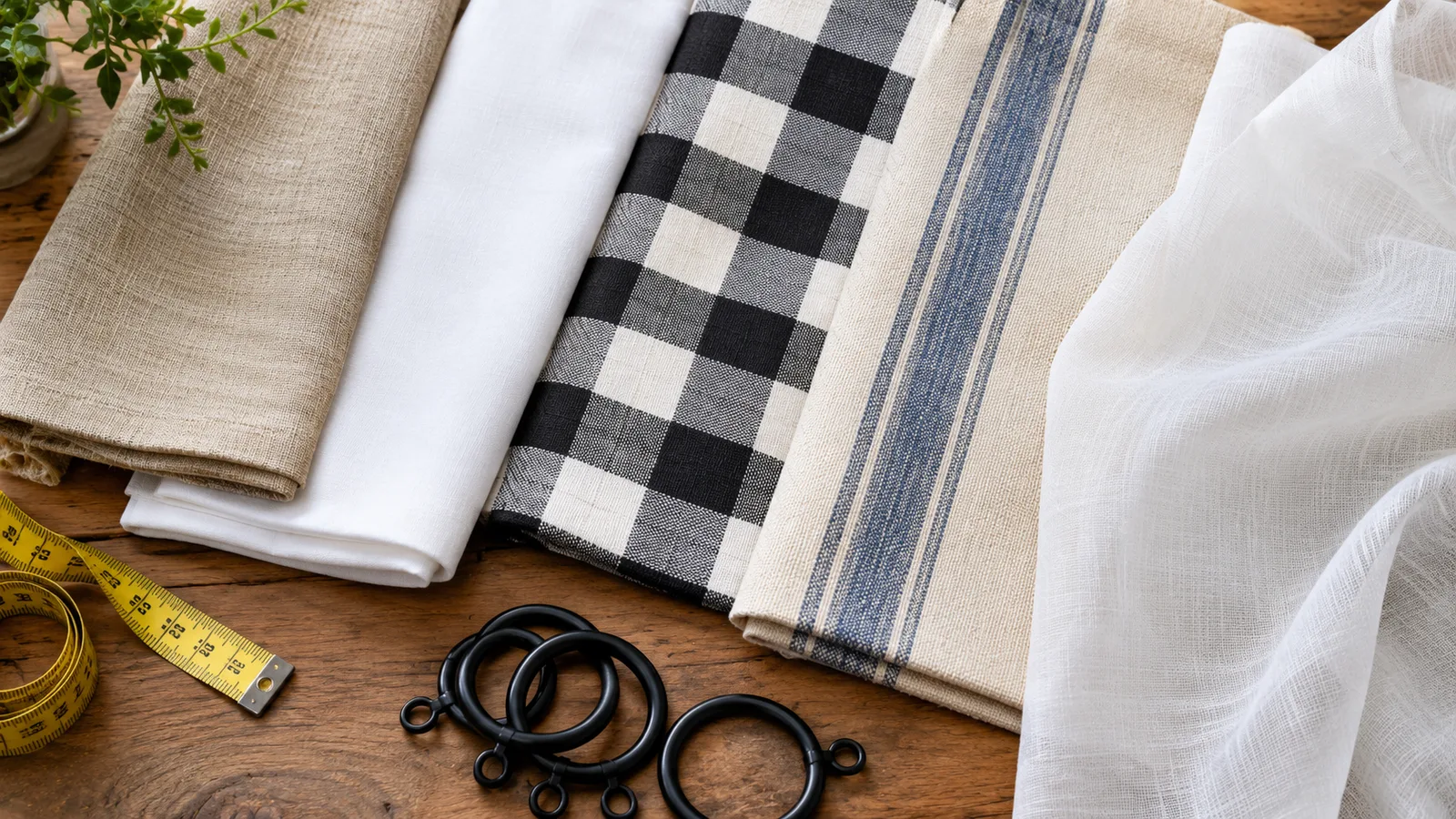 Swatches of natural linen, white cotton, buffalo check, grain-sack stripe and sheer voile with a tape measure and iron rings