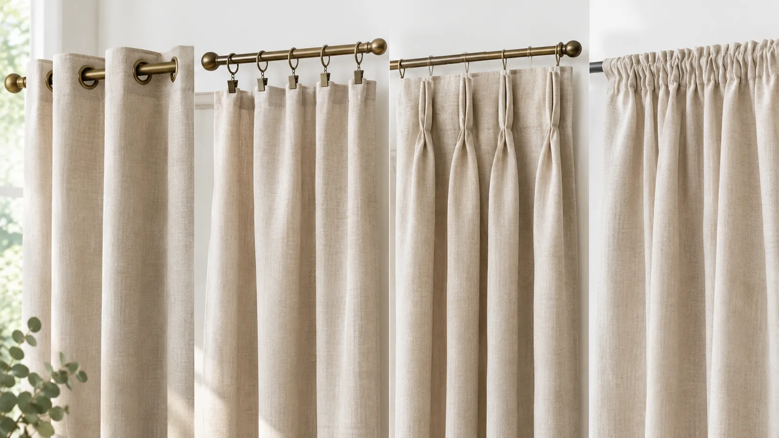 Four curtain headers side by side: grommet, clip rings, pinch pleat and rod pocket