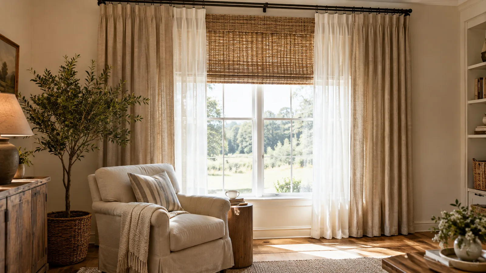 Window with sheer panels on an inner rod and lined linen side panels on a black double rod with a woven shade