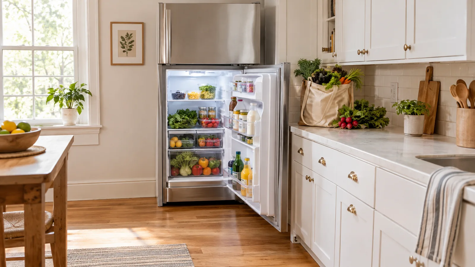 Small kitchen with the refrigerator door opening toward the counter beside it, groceries on the landing space