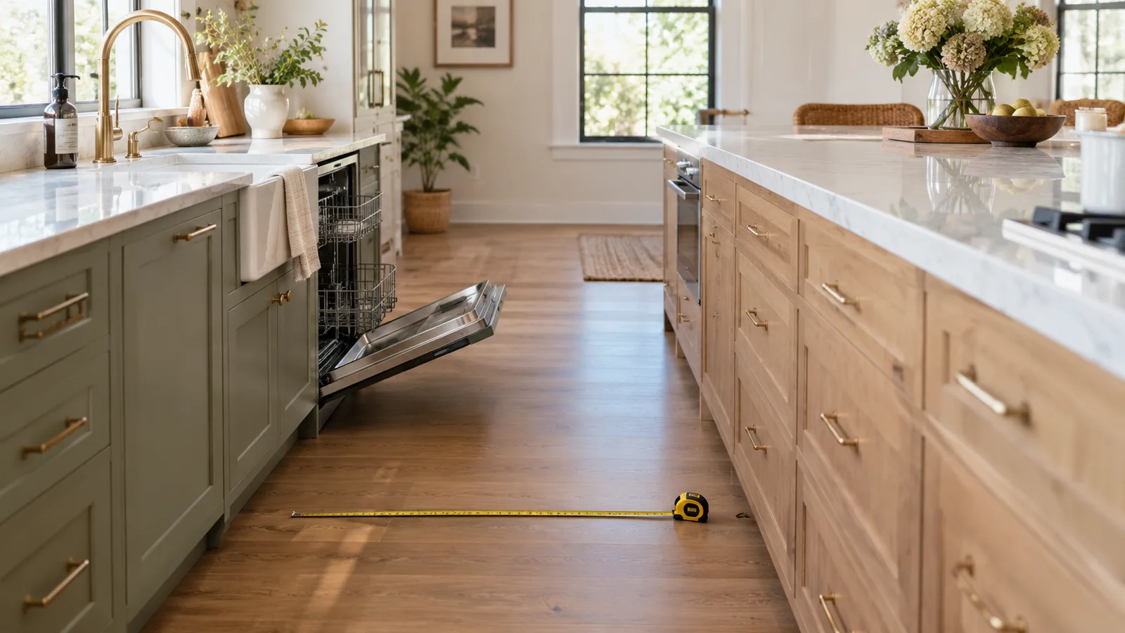 Kitchen aisle between the sink run and island with the dishwasher open and a tape measure on the floor