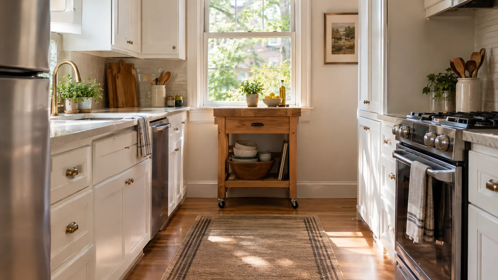 Small galley kitchen with a wooden rolling cart with butcher block top at the end of the counter