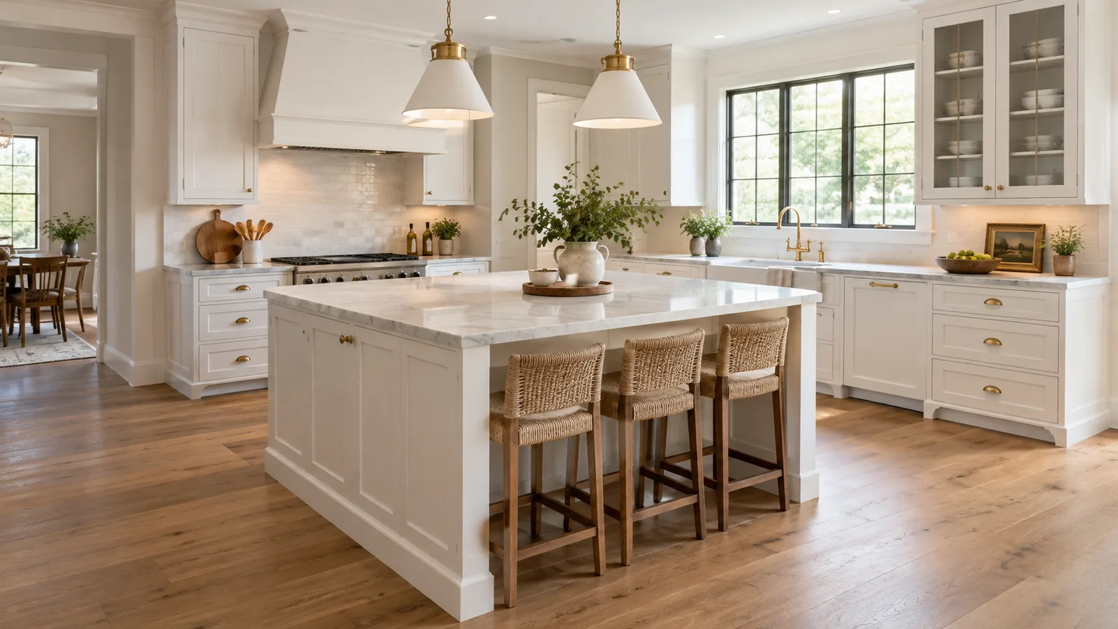 Bright kitchen with a white island, three counter stools and wide walkways on every side