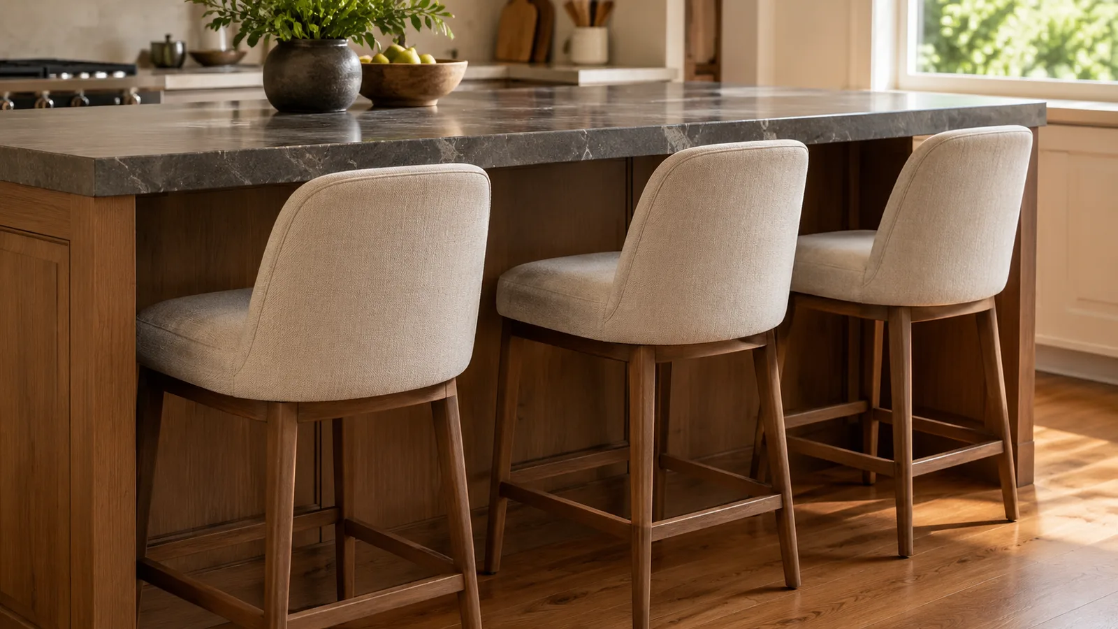 Seating side of a kitchen island with a deep stone overhang and three evenly spaced counter stools