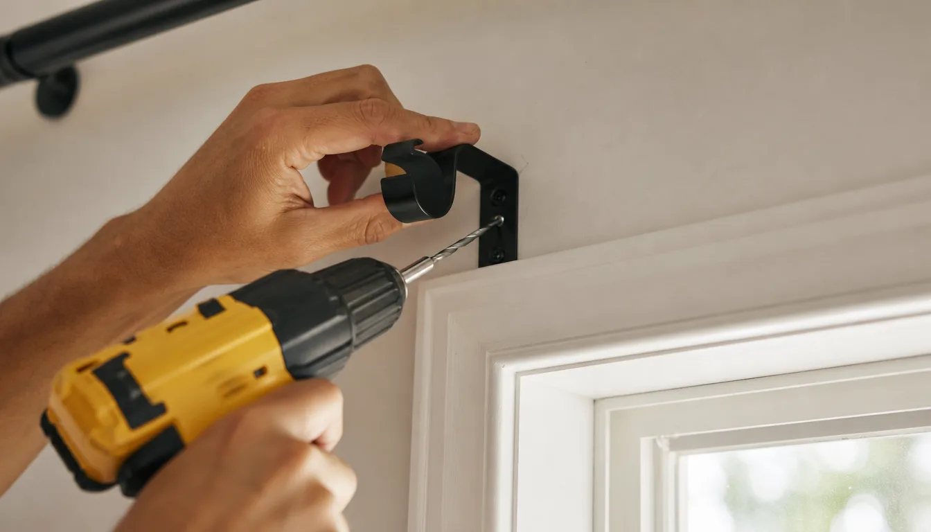 Installing a curtain rod bracket above a window with a drill and tape measure