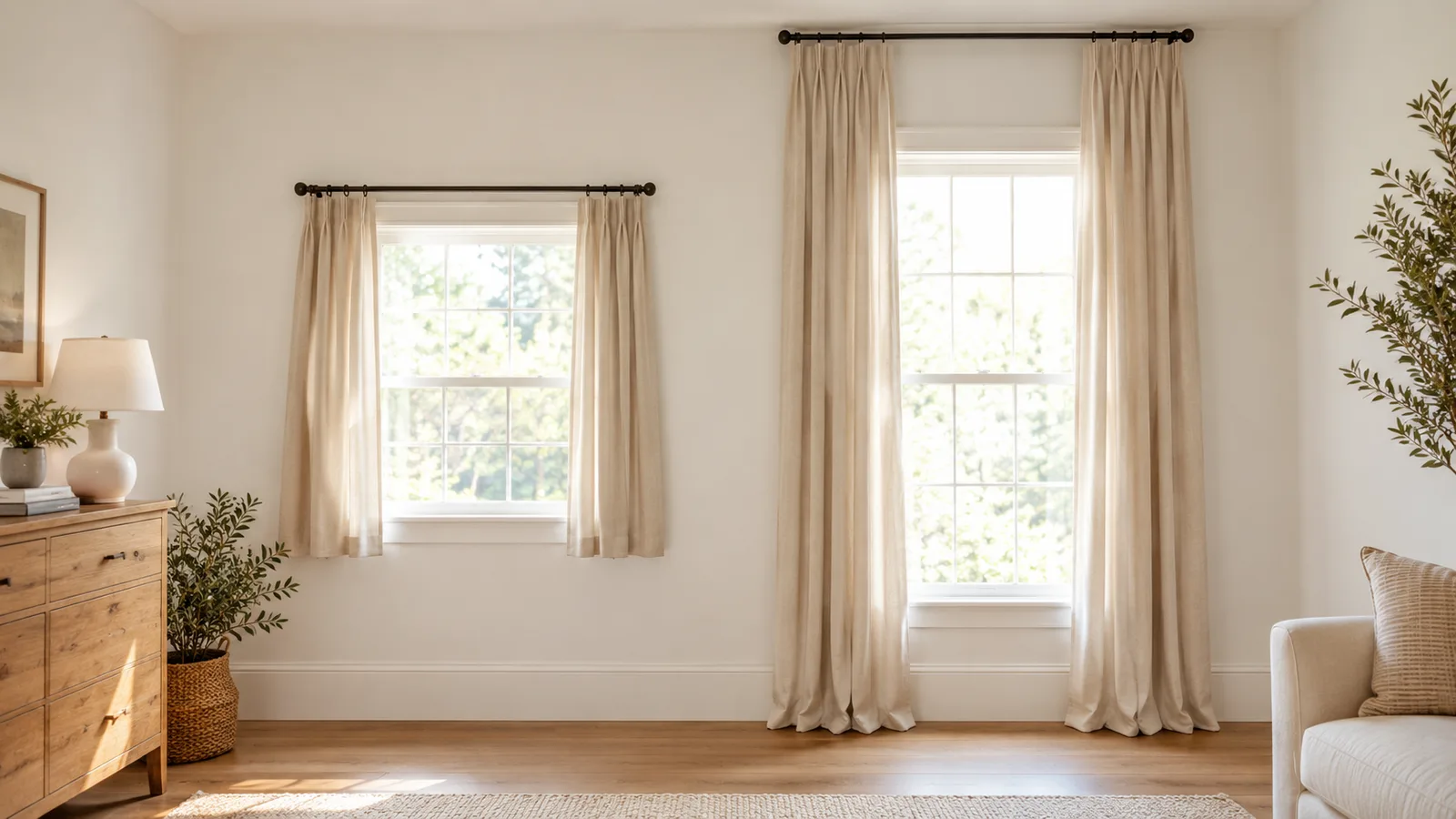 Two windows compared: one with the rod at the trim, one with the rod hung near the ceiling