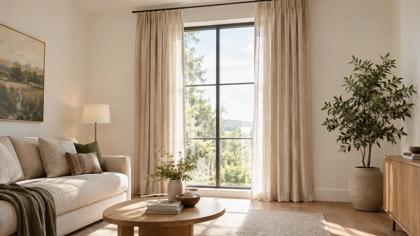 Living room window with linen curtains hung from a rod mounted high above the window frame