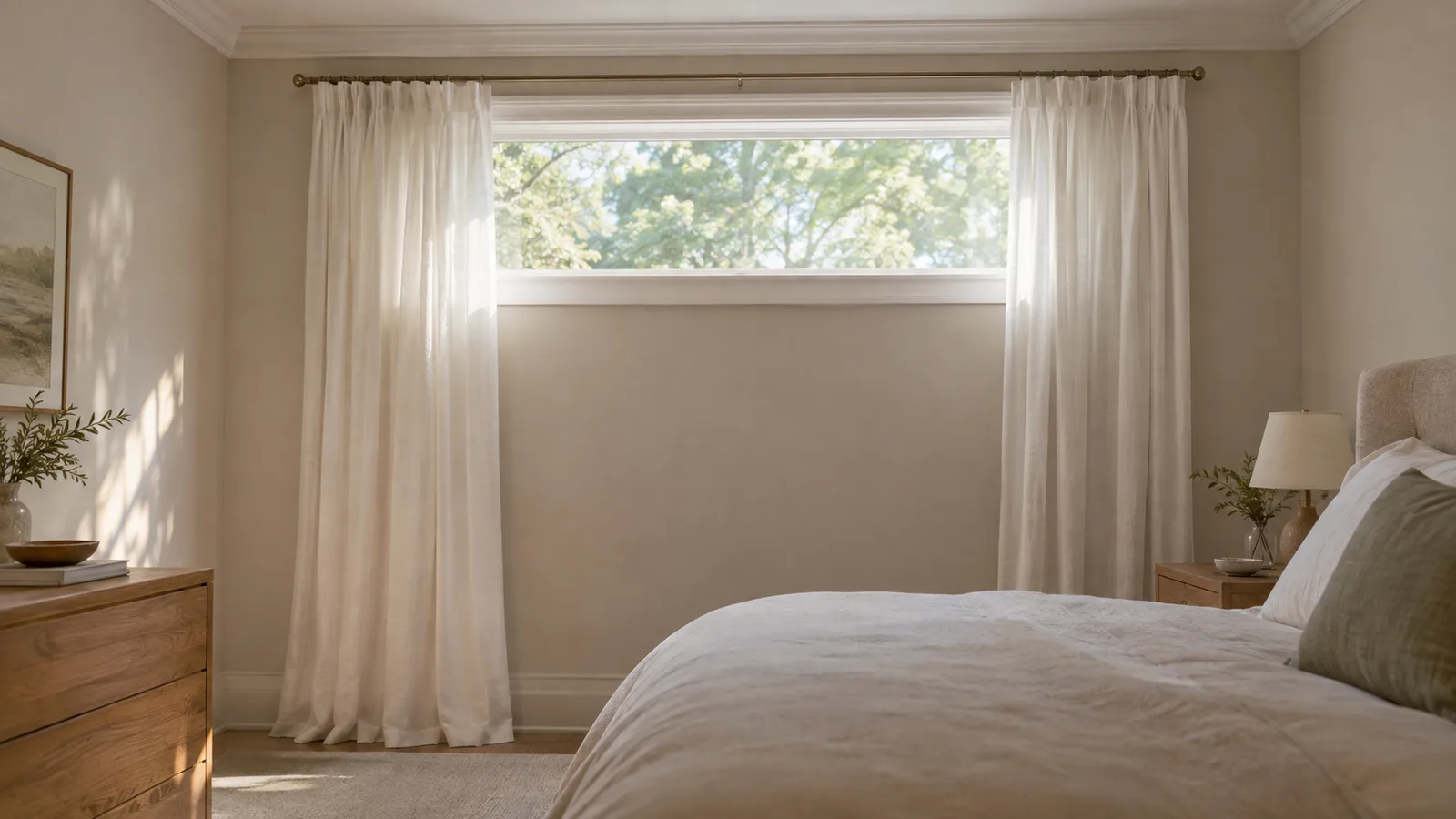A window close to the ceiling with curtains hung just below the crown molding