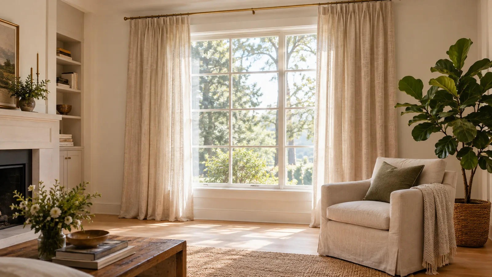 Living room window with linen curtains hung high and wide on a brass rod, panels just touching the wood floor