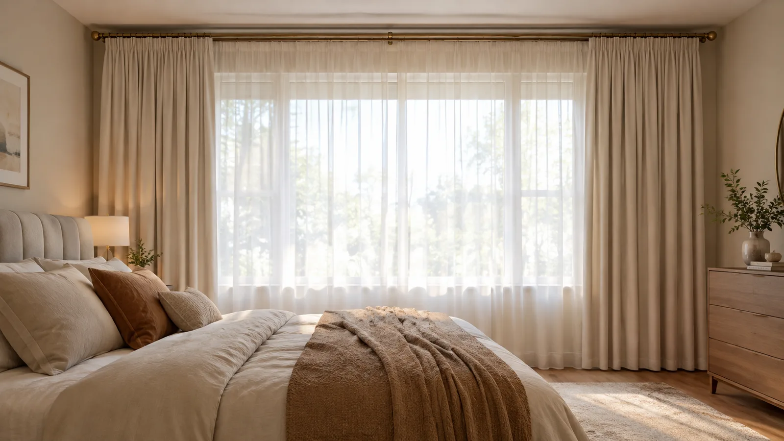 Curtains on a double rod mounted near the ceiling and extended well past the window frame