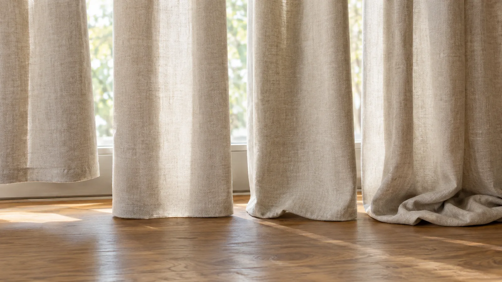 Four curtain hems showing float, kiss, break and puddle lengths