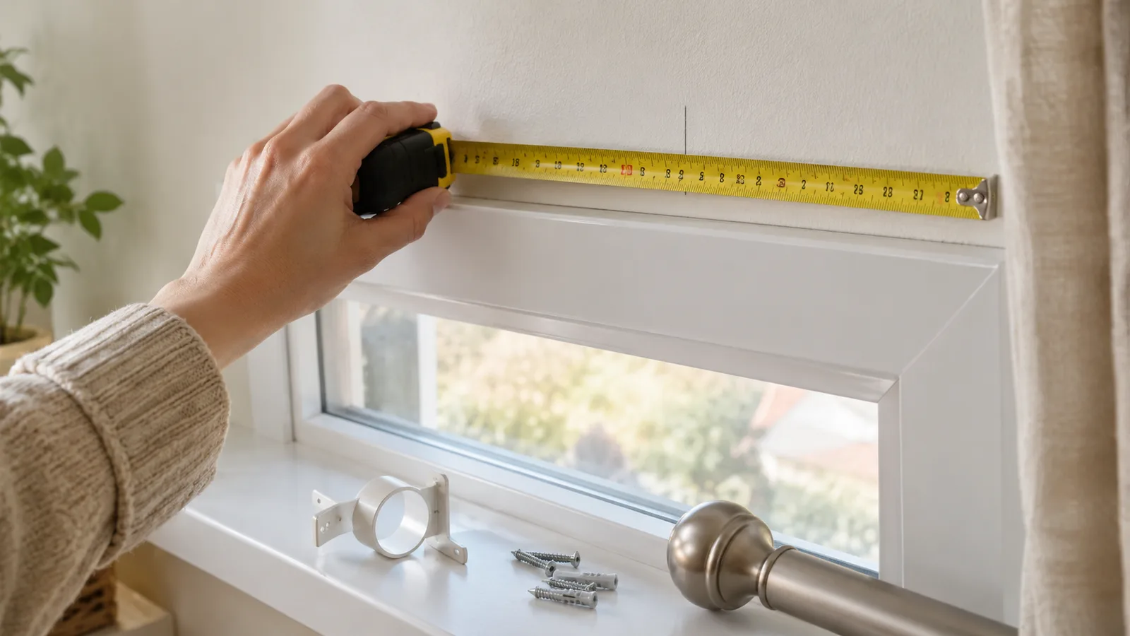 Measuring above a window frame with a tape measure before installing a curtain rod