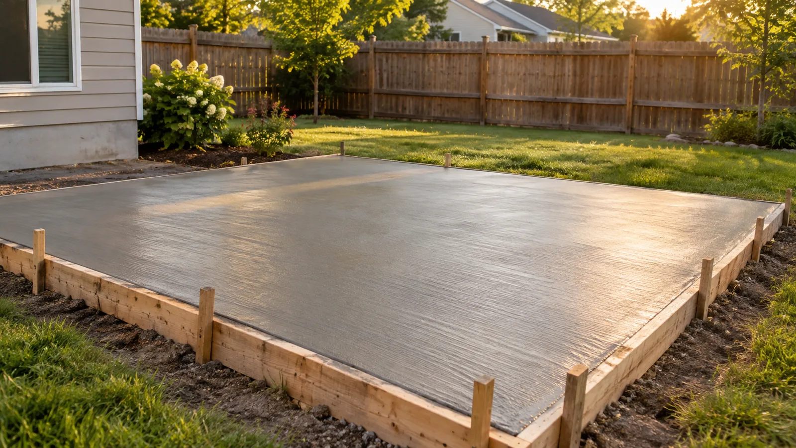 Freshly poured and smoothed square concrete patio slab inside wooden forms in a backyard