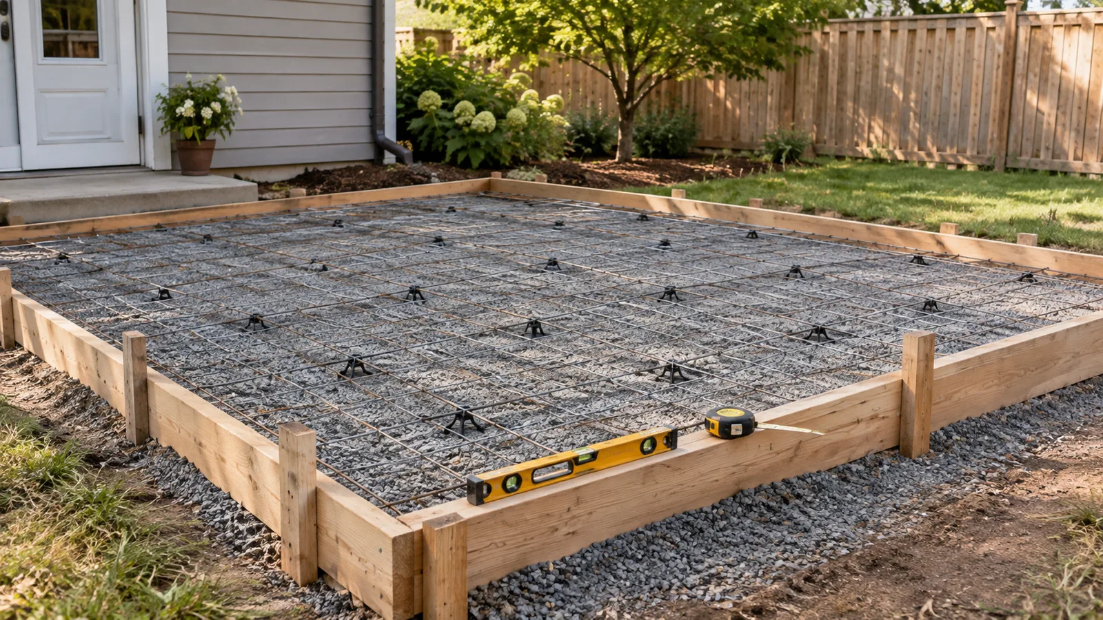 Square wooden forms staked over a compacted gravel base with wire mesh on supports, ready for a concrete pour
