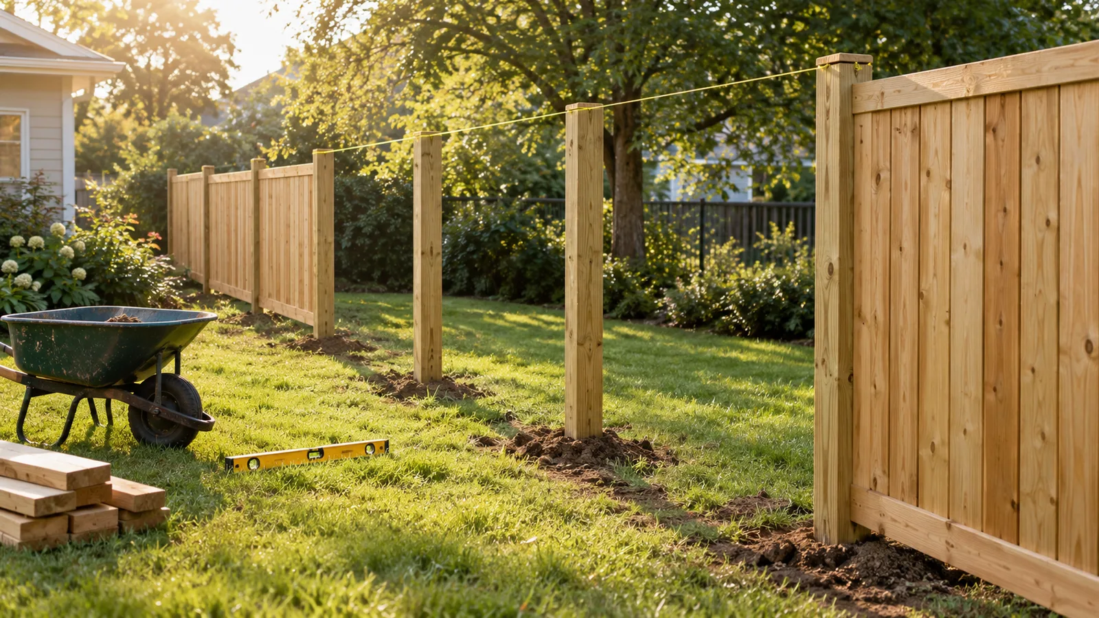 New wood privacy fence under construction with evenly spaced posts set in the ground and a string line along the top