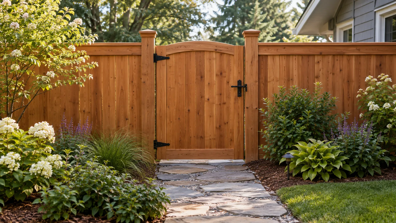 Cedar privacy fence with a matching wooden gate between two gate posts and a stone path