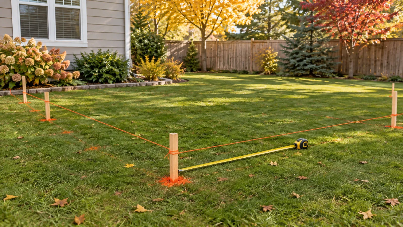 L-shaped fence route marked with stakes, string lines and paint dots on the lawn