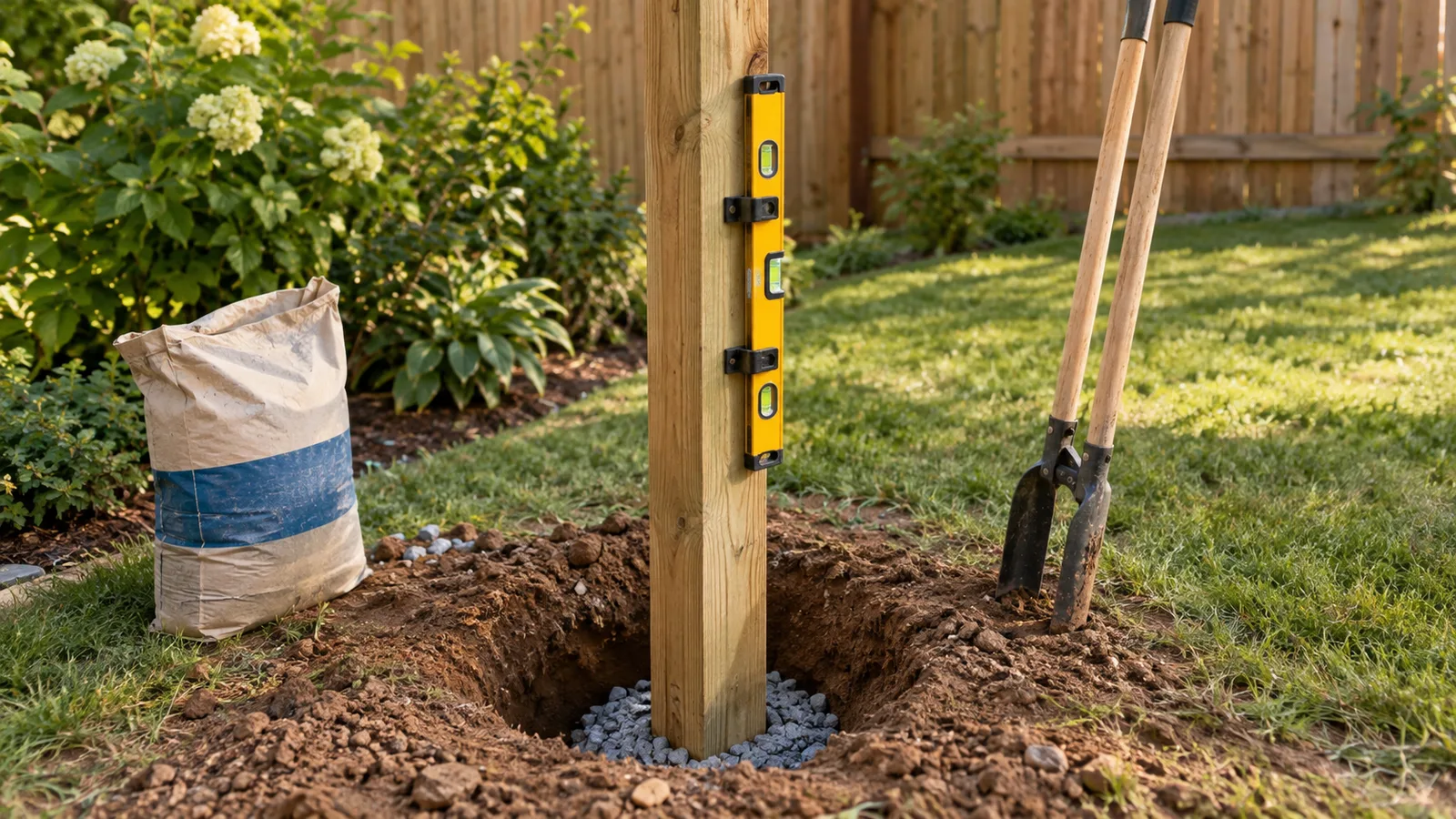4x4 post in a round hole with gravel, a bag of concrete mix and a post level
