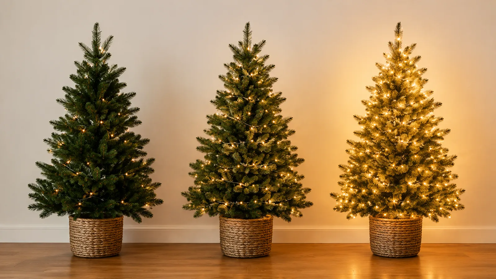 Three small trees lit with sparse, even and dense lights side by side