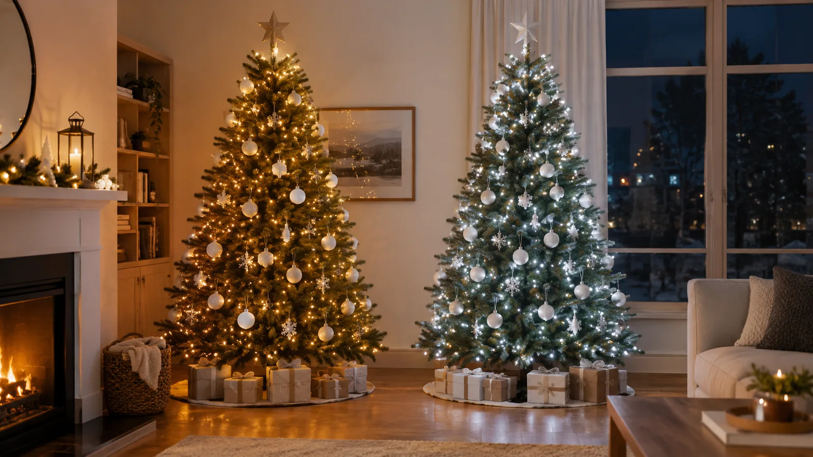 A tree lit with warm white lights beside one lit with cool white lights