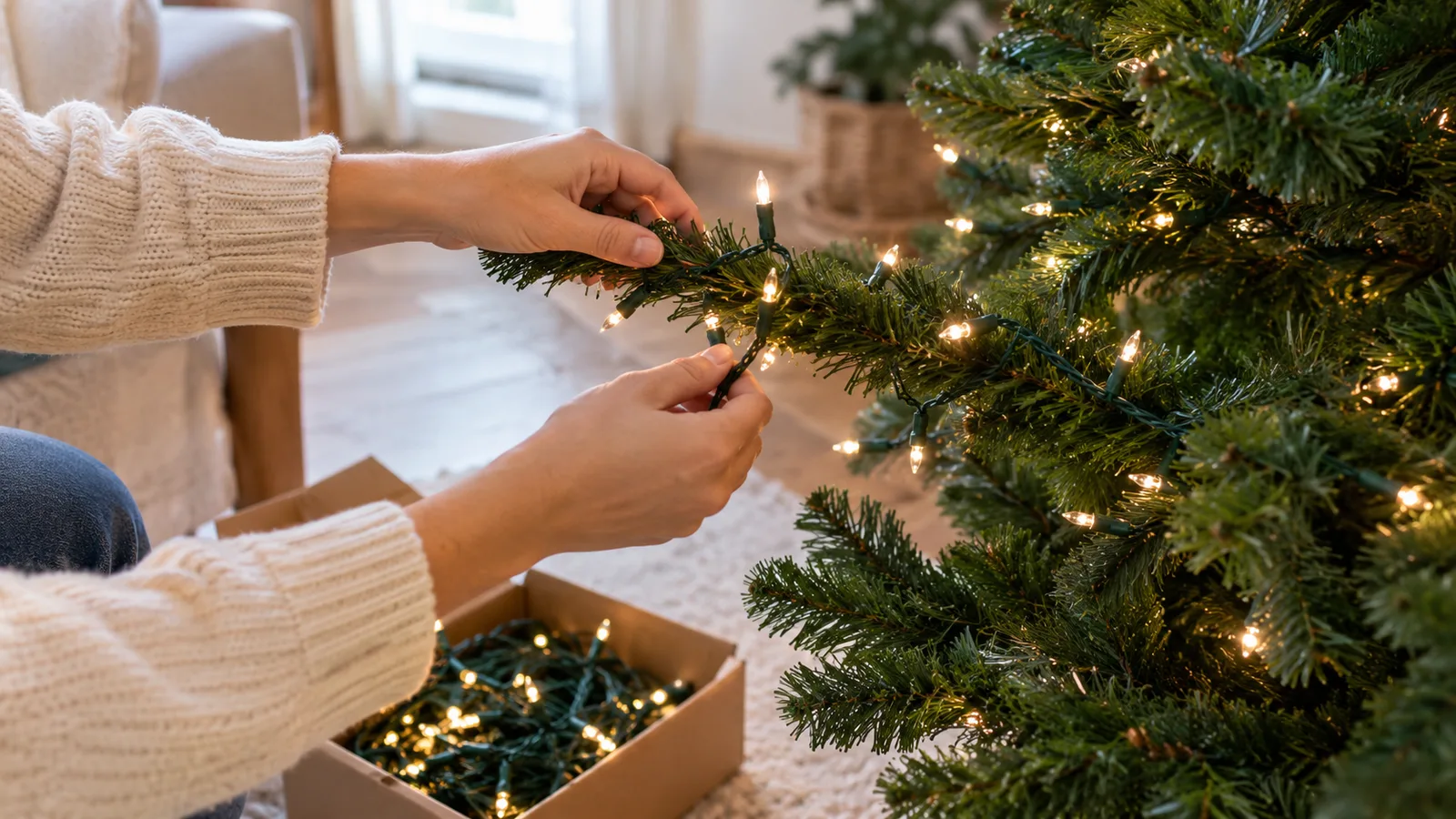 Hands weaving a strand of mini lights along a single branch from trunk to tip