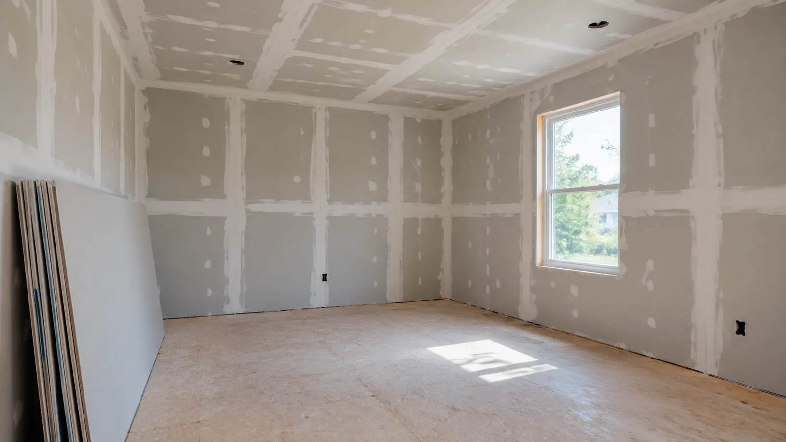Room under renovation with newly hung drywall sheets on walls and ceiling, taped seams, and a stack of drywall sheets