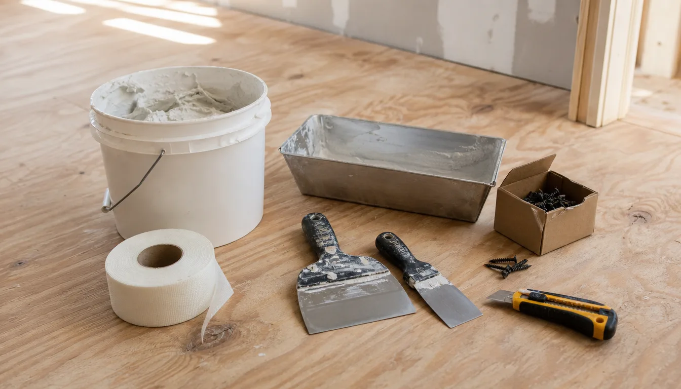 Drywall finishing supplies on a plywood floor: joint compound bucket, paper tape, taping knives, mud pan and screws