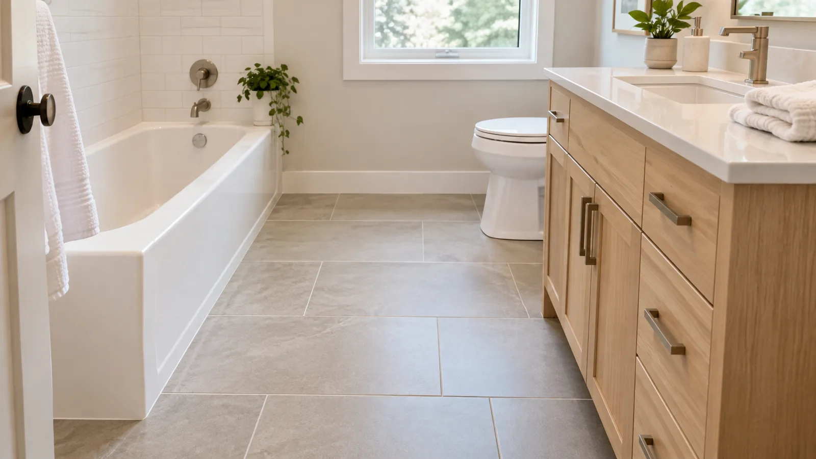 Newly tiled bathroom floor with large light gray porcelain tiles next to a white bathtub