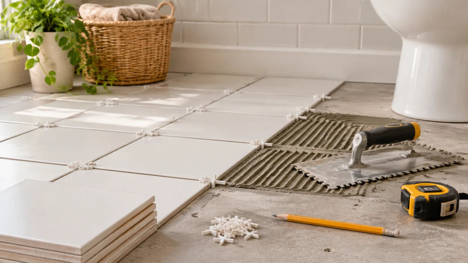 Square white tiles being dry-laid with spacers on cement backer board, with a notched trowel and tape measure nearby