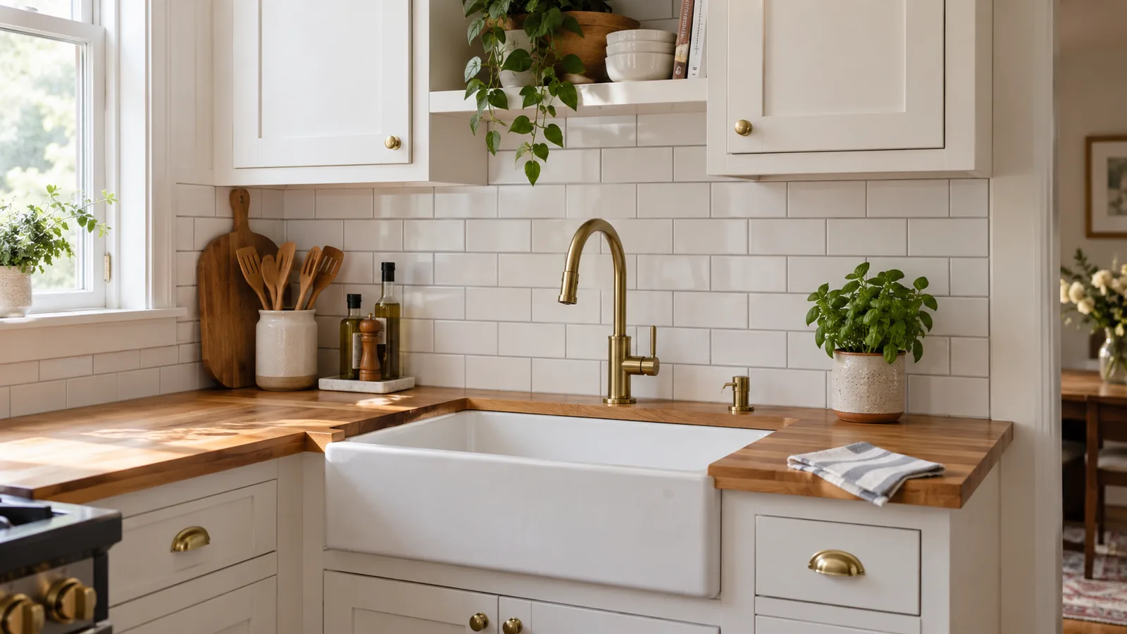 Kitchen with a freshly installed white 3x6 subway tile backsplash between butcher block counters and white upper cabinets