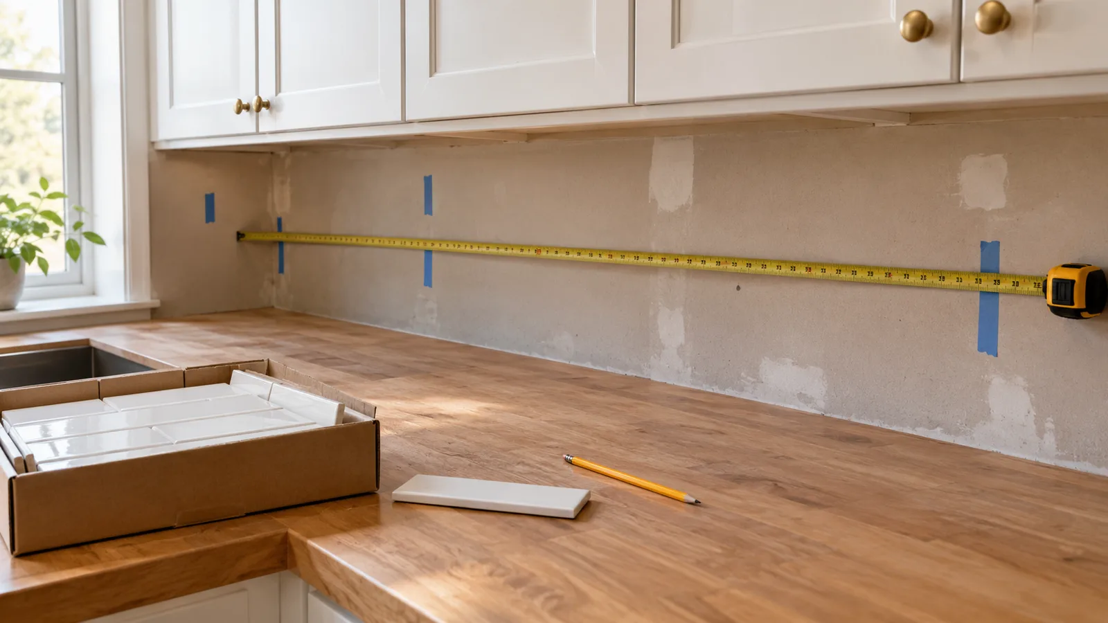 Tape measure between a countertop and upper cabinets on bare drywall, with painter's tape marks and a box of subway tile