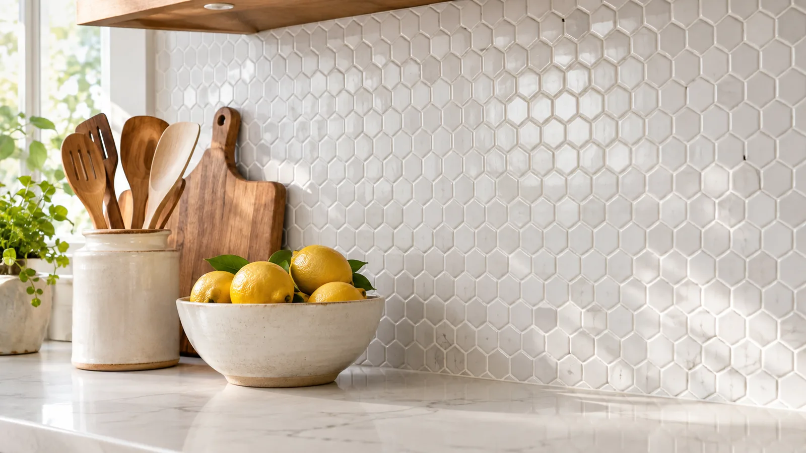 Small white hexagon mosaic backsplash above a white quartz counter