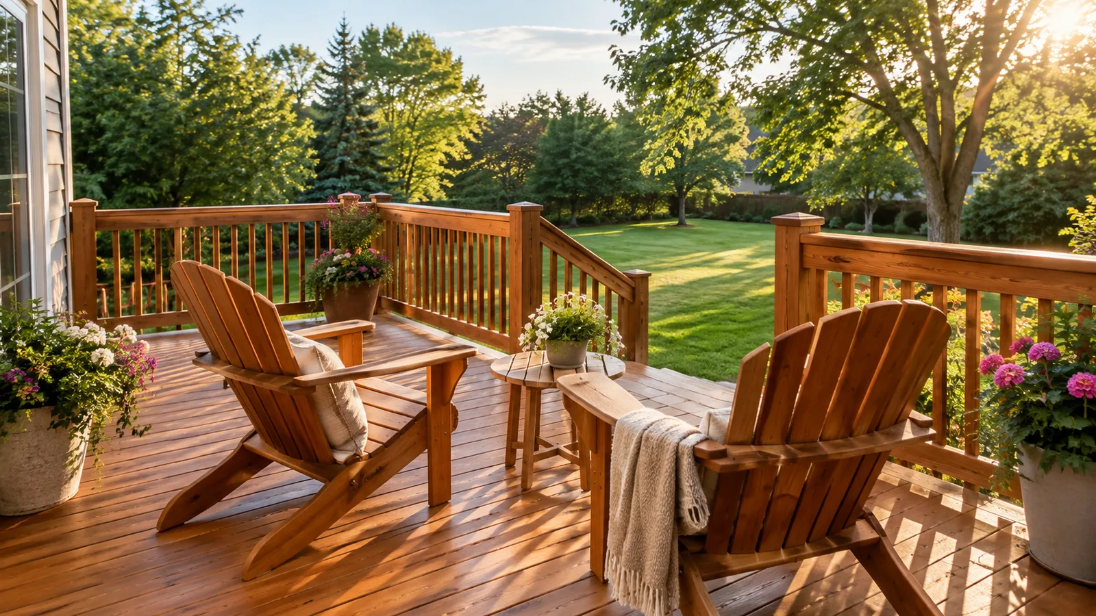 Freshly stained cedar-toned wood deck with railings, outdoor chairs and potted plants in a backyard