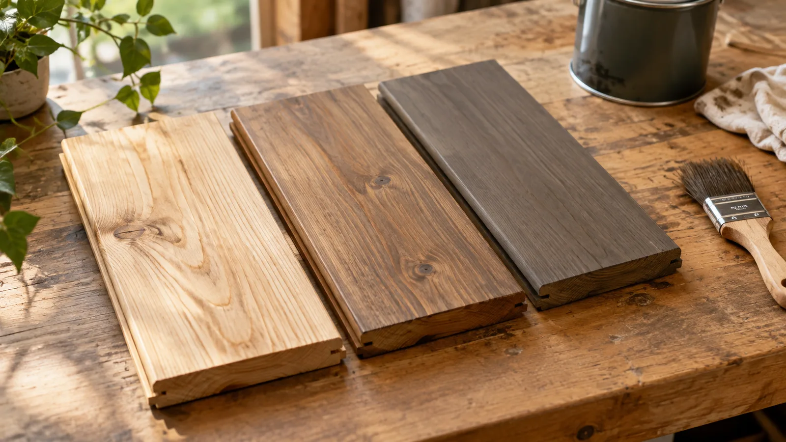 Deck board samples showing transparent, semi-transparent and solid stain
