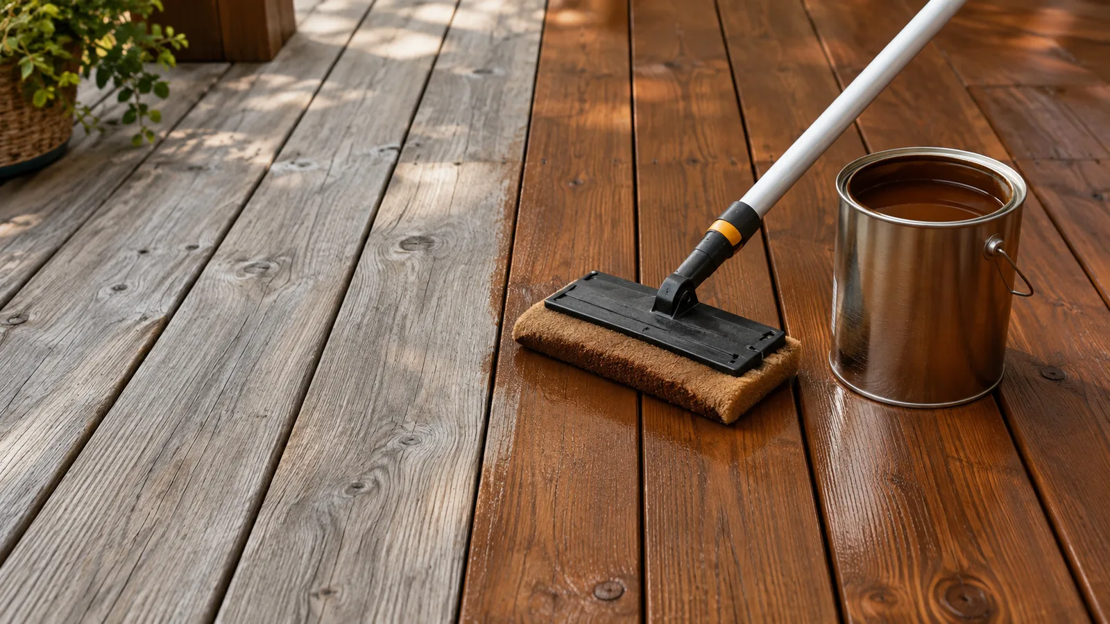 Deck boards half stained, with a stain pad on a pole and a can of stain