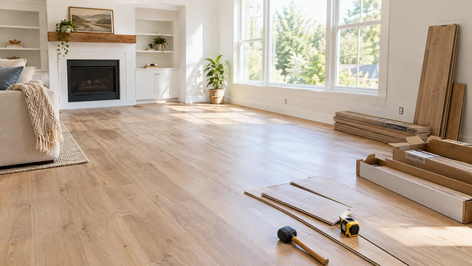 Living room with newly installed light oak vinyl plank flooring, open boxes of planks and a tape measure
