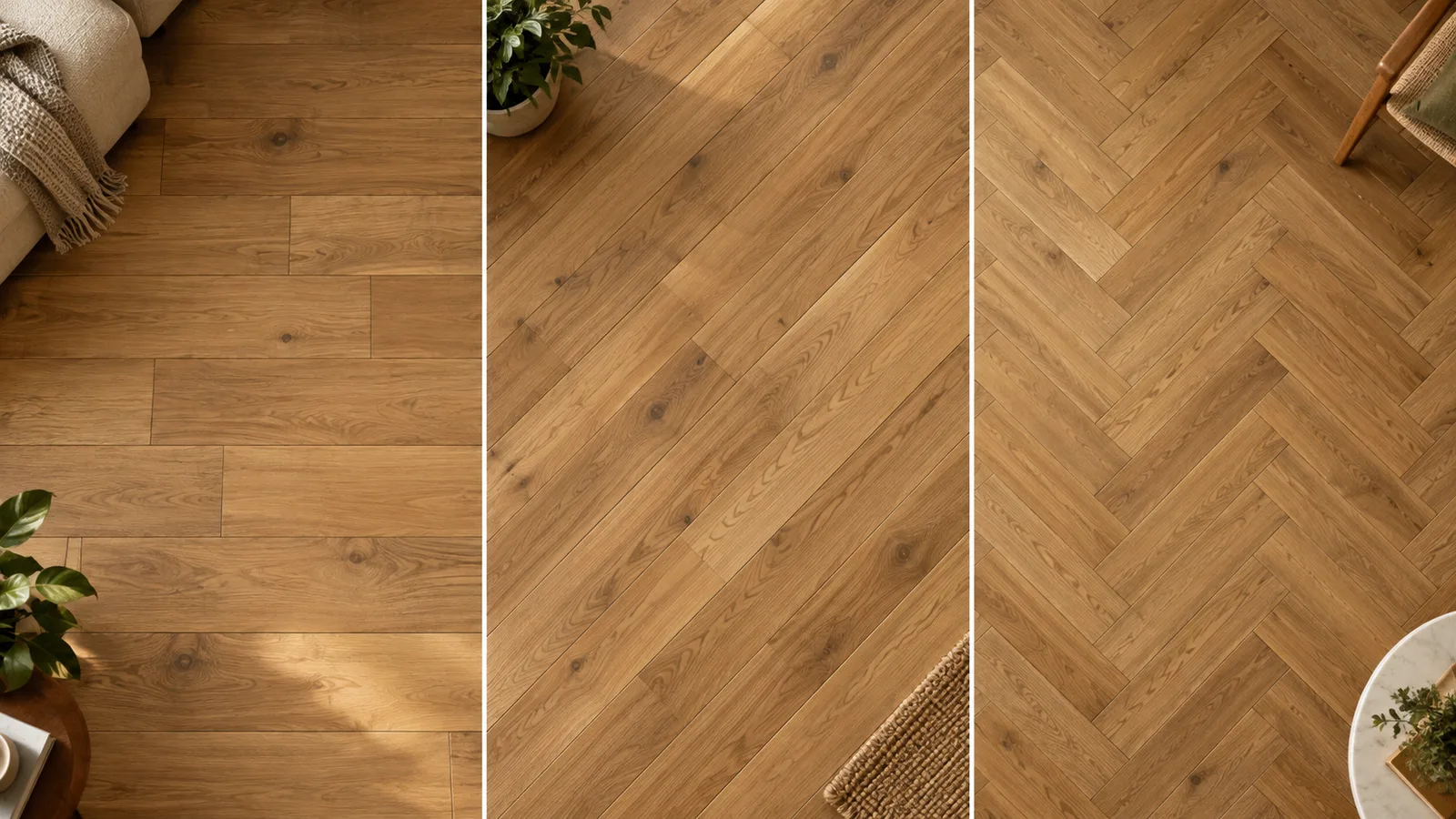 Straight, diagonal and herringbone wood plank layouts side by side