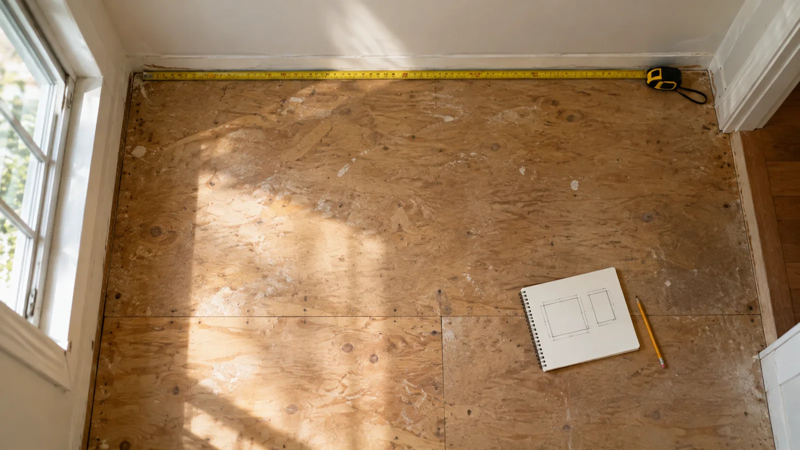 Tape measure stretched along the wall of an empty room, with a notepad and pencil on the subfloor