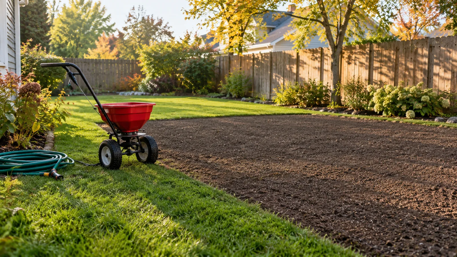 Freshly seeded patch of raked soil next to a green lawn with a broadcast spreader nearby