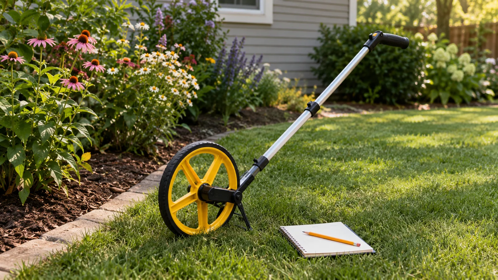 Measuring wheel on a lawn beside a flower bed with a notepad on the grass