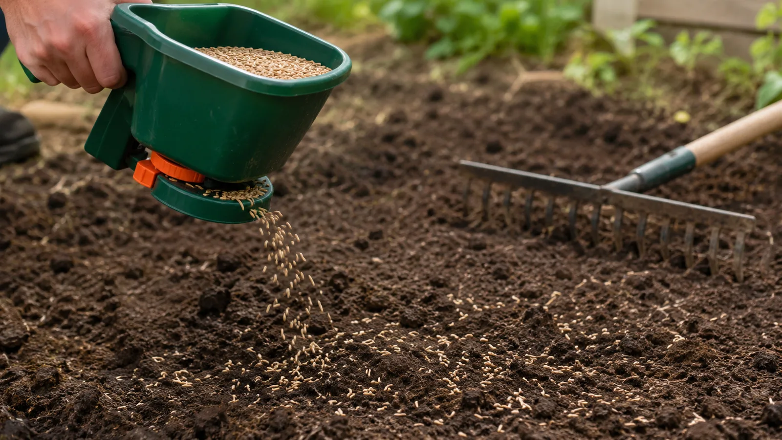 Grass seed falling from a hand-held spreader onto loosened dark soil