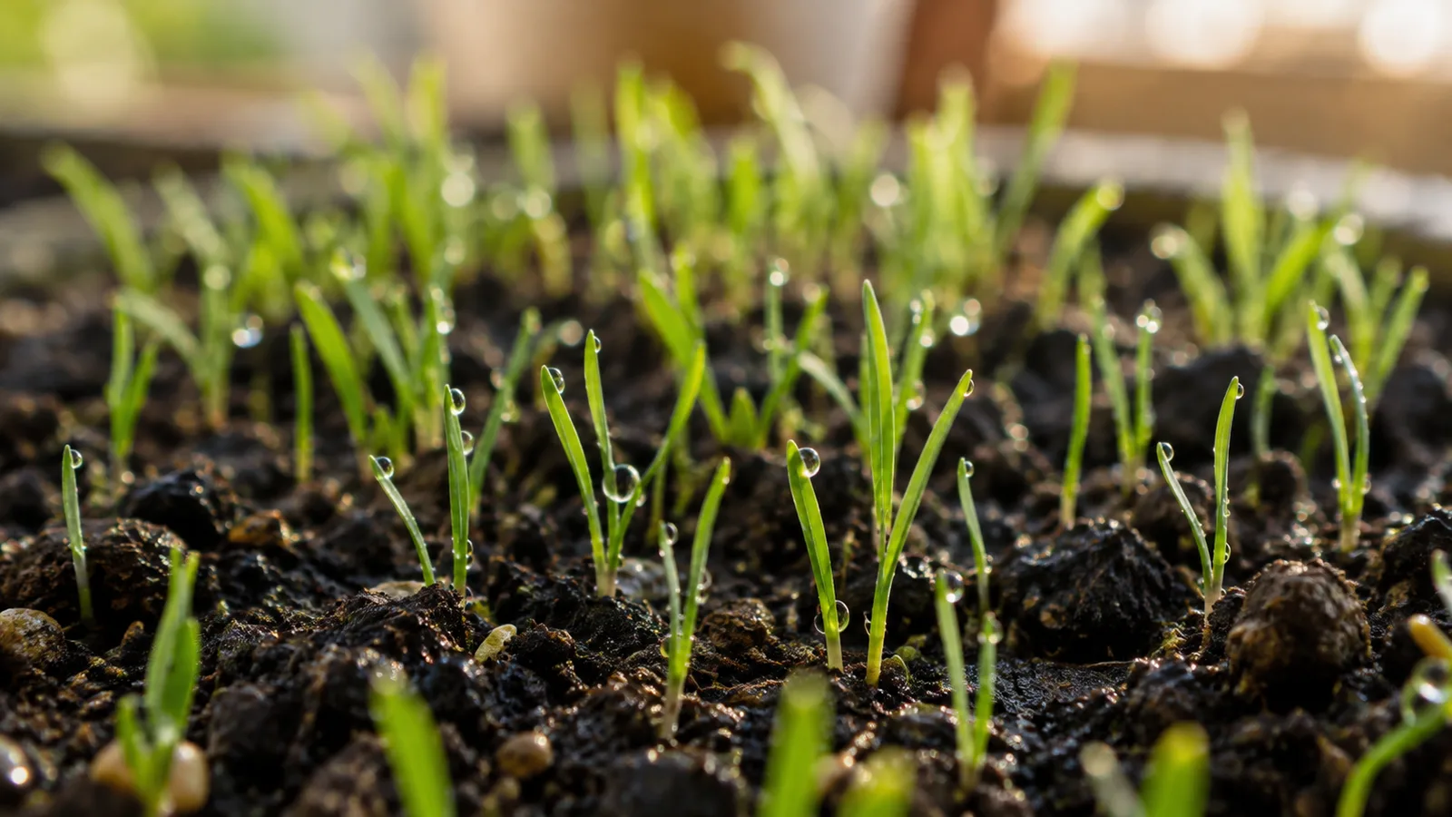 Tiny new grass seedlings sprouting evenly from moist soil with morning dew