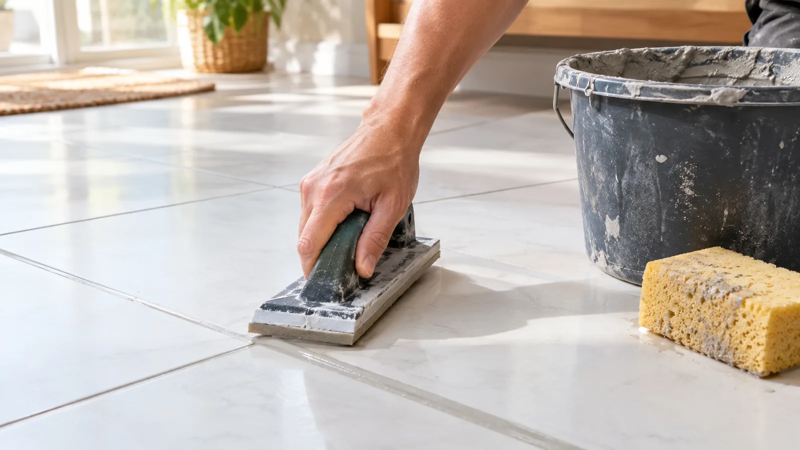 Grouting a newly tiled floor with a rubber float, a bucket of mixed gray grout and a damp sponge nearby
