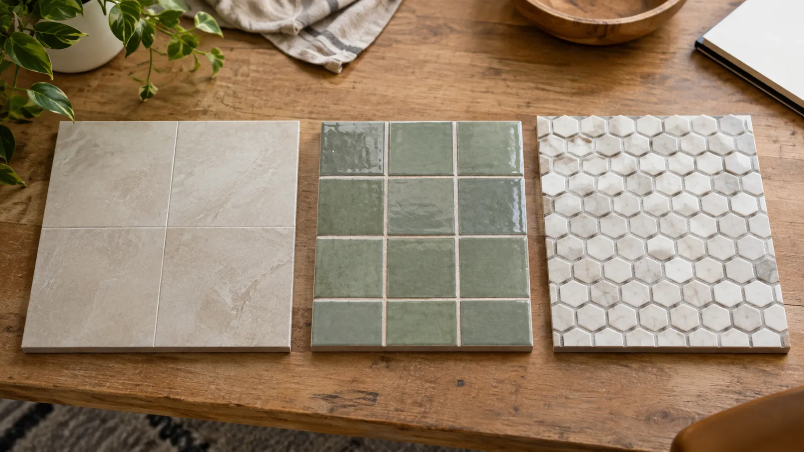 Three tile samples with thin, medium and many grout lines side by side