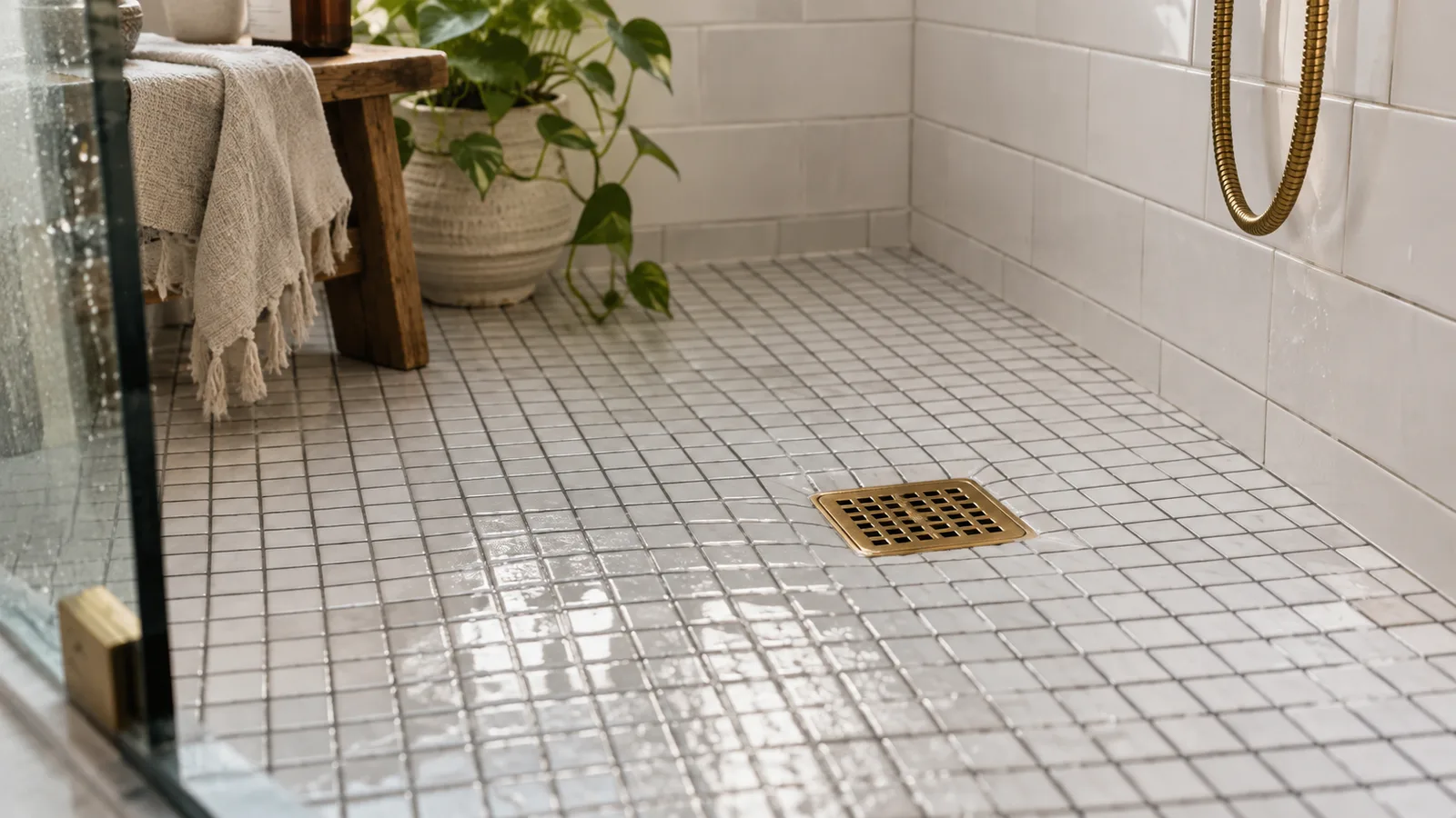 Small white square mosaic shower floor with charcoal grout and a brass drain