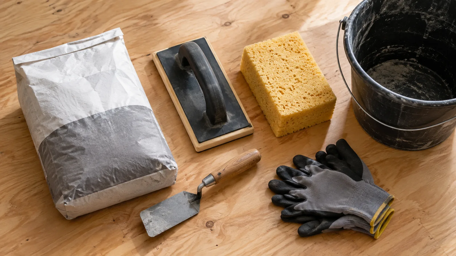 Bag of grout, rubber float, sponge, margin trowel and mixing bucket on a plywood floor